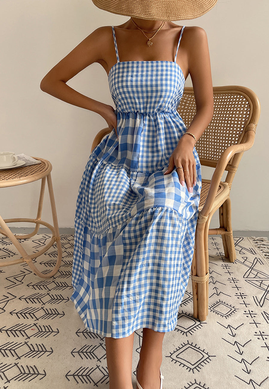 Vestido de cuadros vichy mixtos con cuello recto 