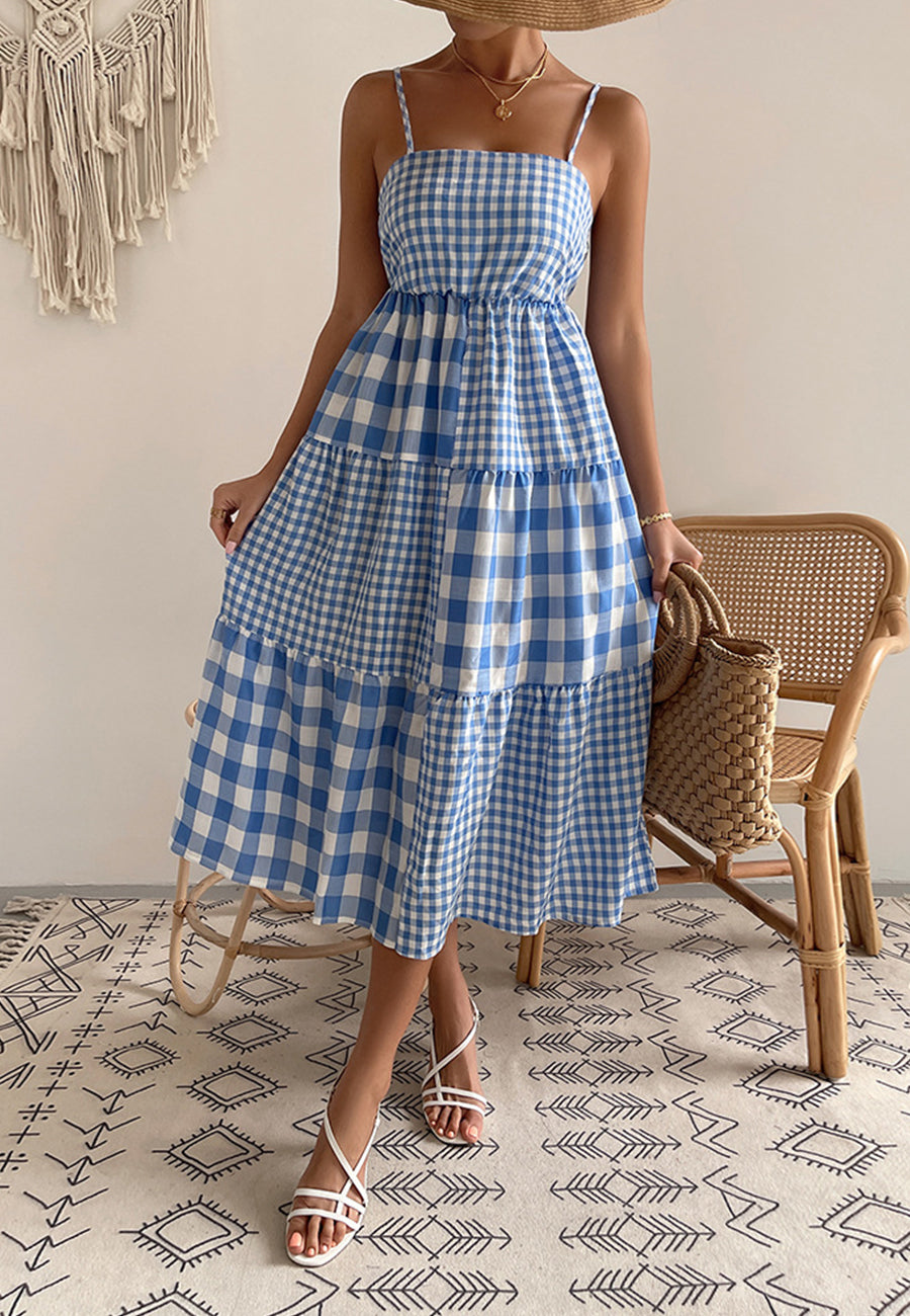 Vestido de cuadros vichy mixtos con cuello recto 