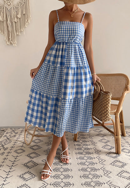 Vestido de cuadros vichy mixtos con cuello recto 