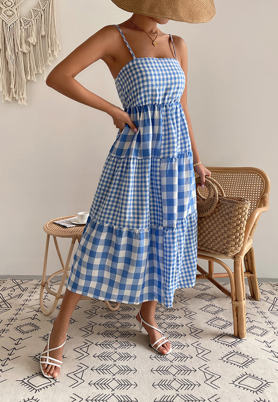 Vestido de cuadros vichy mixtos con cuello recto 