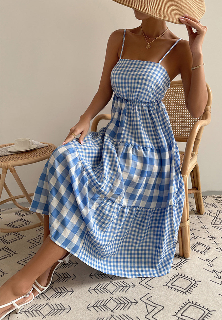 Vestido de cuadros vichy mixtos con cuello recto 