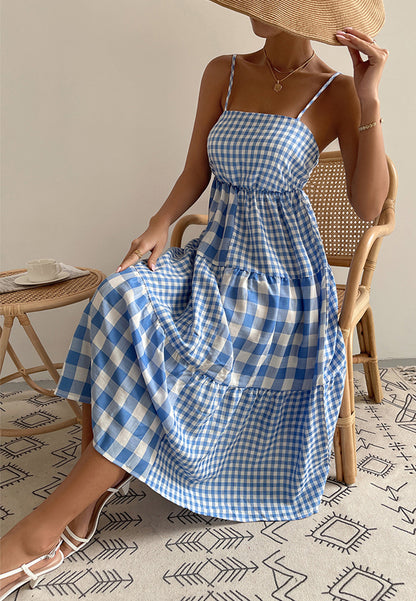 Vestido de cuadros vichy mixtos con cuello recto 