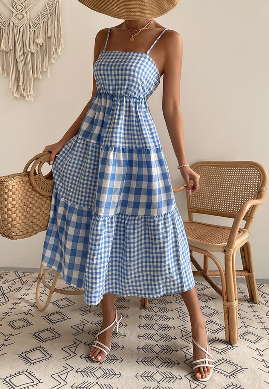 Vestido de cuadros vichy mixtos con cuello recto 