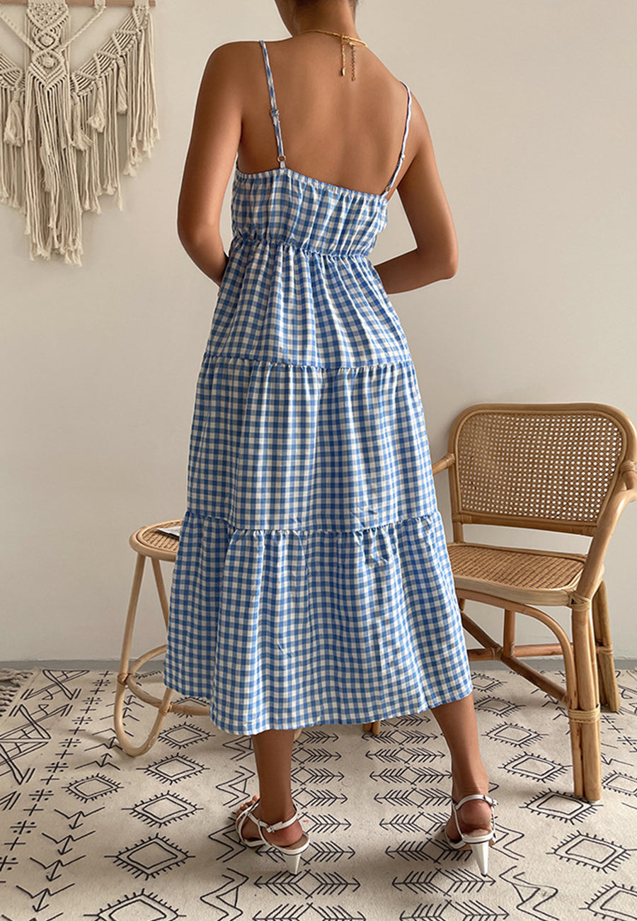 Vestido de cuadros vichy mixtos con cuello recto 