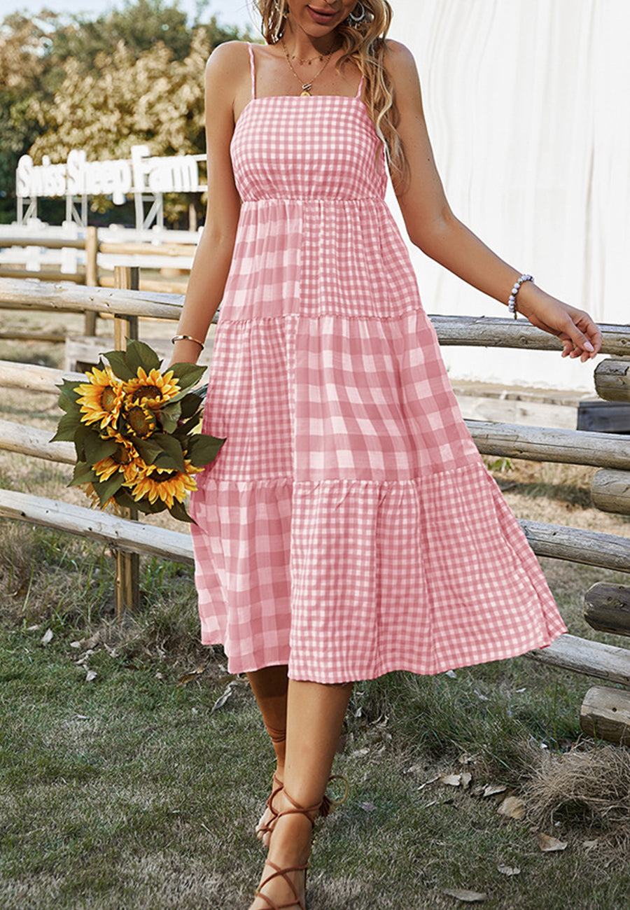 Vestido de cuadros vichy mixtos con cuello recto 