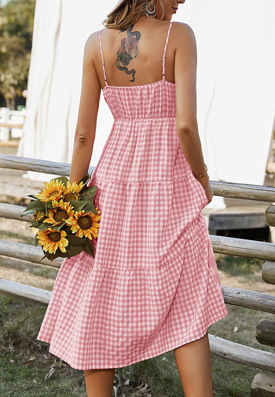 Vestido de cuadros vichy mixtos con cuello recto 