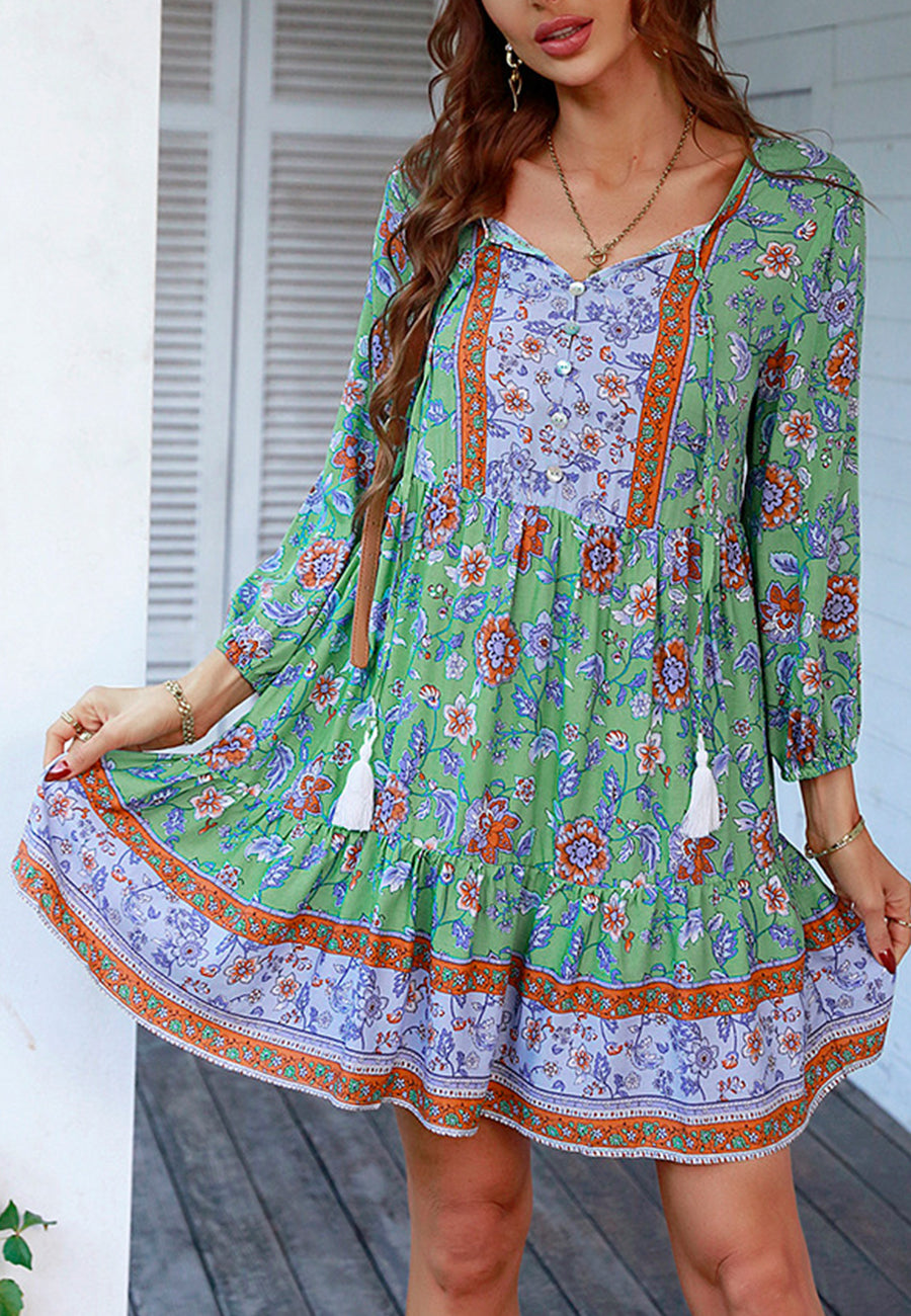 knee length boho dresses 3/4 Sleeve Knee Length Folded Floral Print Chinese Style Casual Dress IDREAMMART