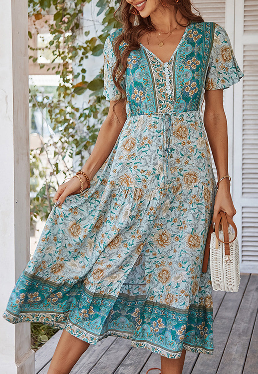 Vestido con lazo en la cintura y estampado de cachemira 