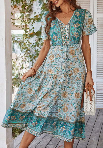 Vestido con lazo en la cintura y estampado de cachemira 