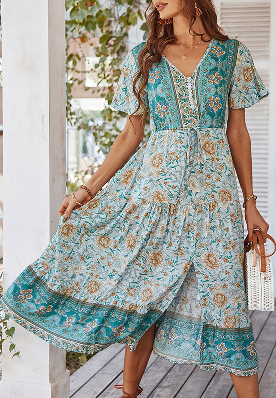Vestido con lazo en la cintura y estampado de cachemira 