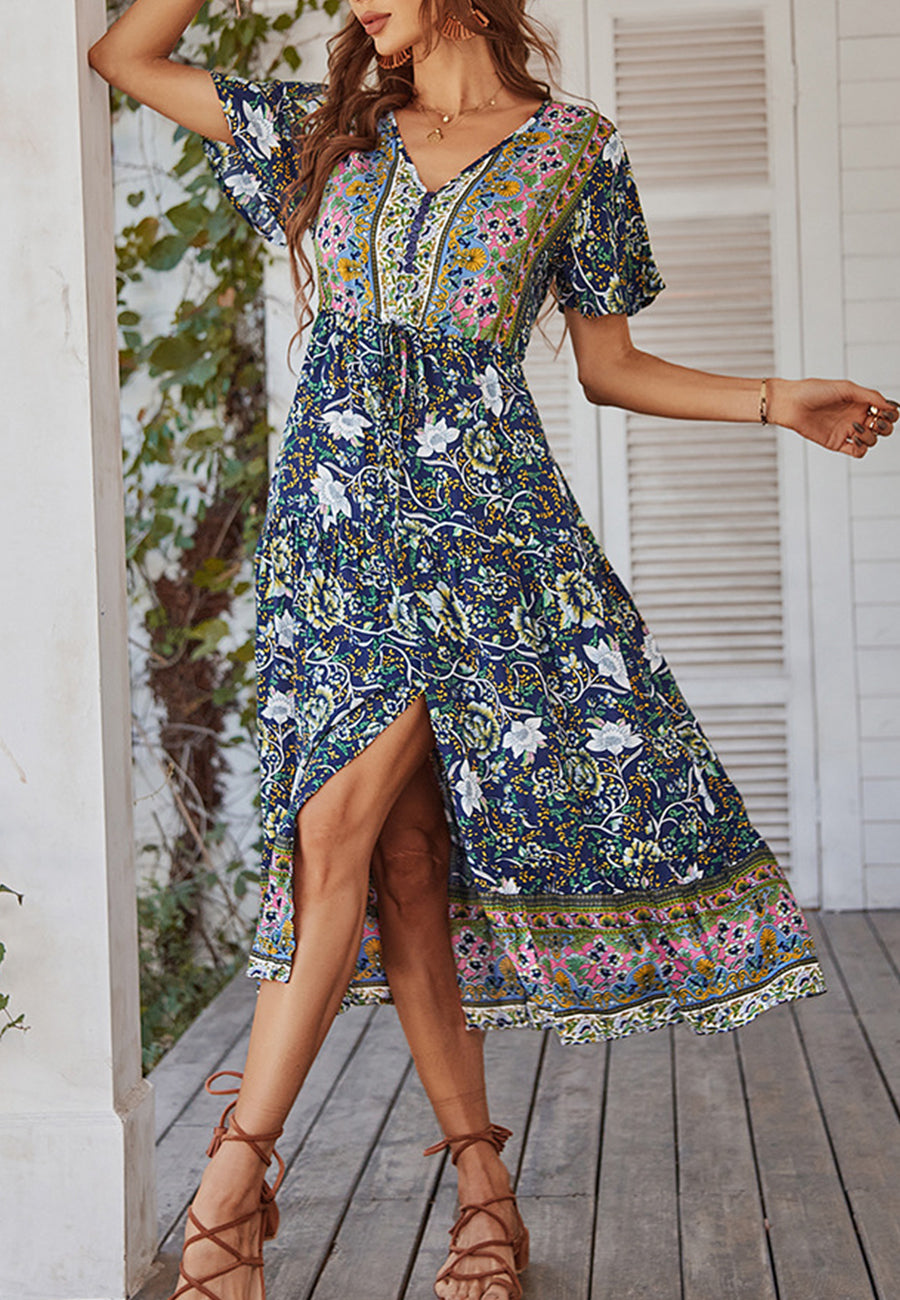 Vestido con lazo en la cintura y estampado de cachemira 