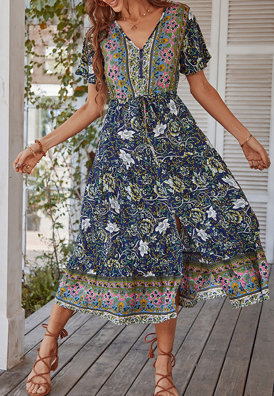 Vestido con lazo en la cintura y estampado de cachemira 