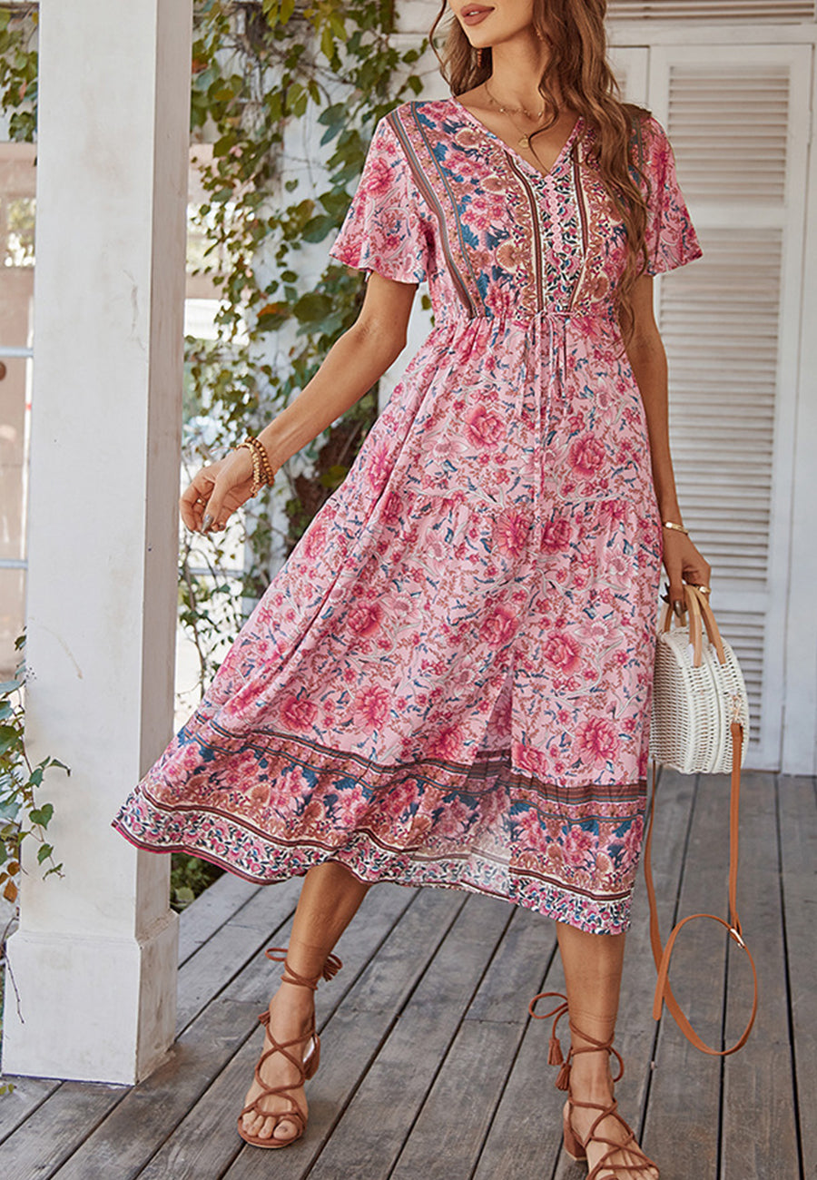 Vestido con lazo en la cintura y estampado de cachemira 