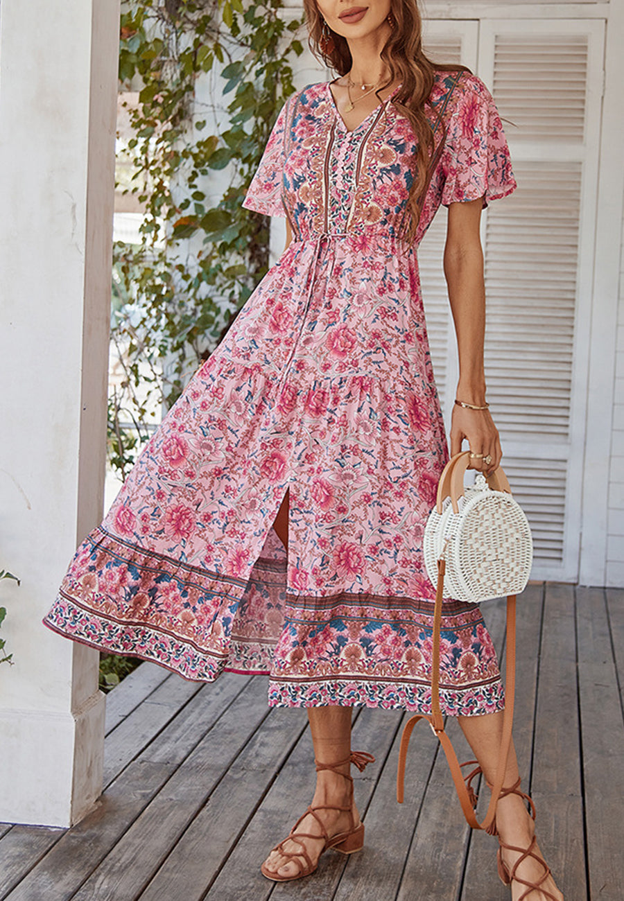 Vestido con lazo en la cintura y estampado de cachemira 