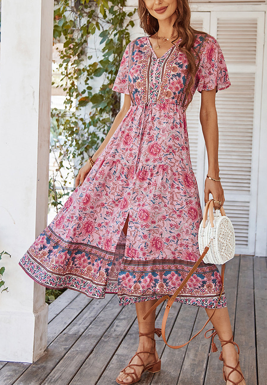 Vestido con lazo en la cintura y estampado de cachemira 
