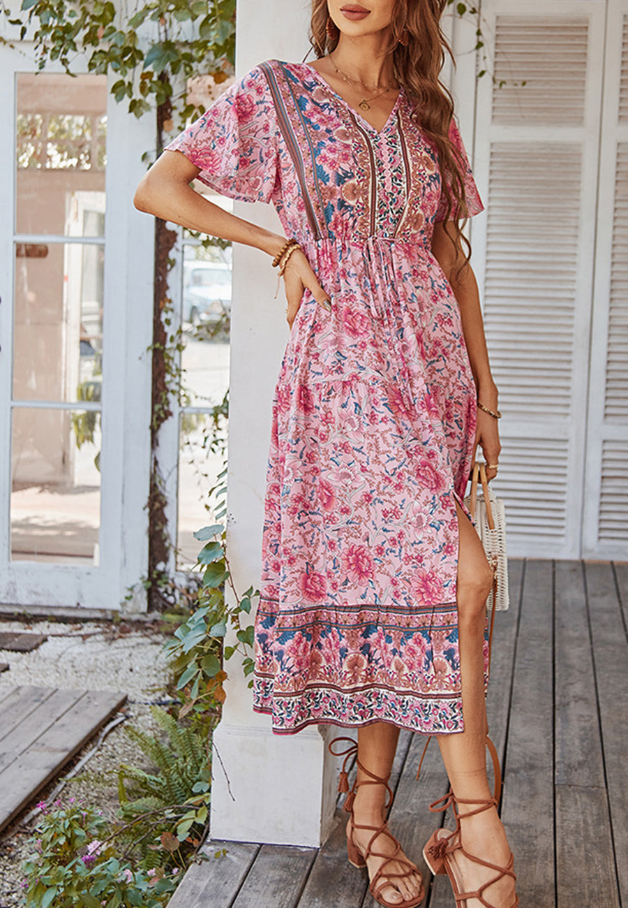 Vestido con lazo en la cintura y estampado de cachemira 
