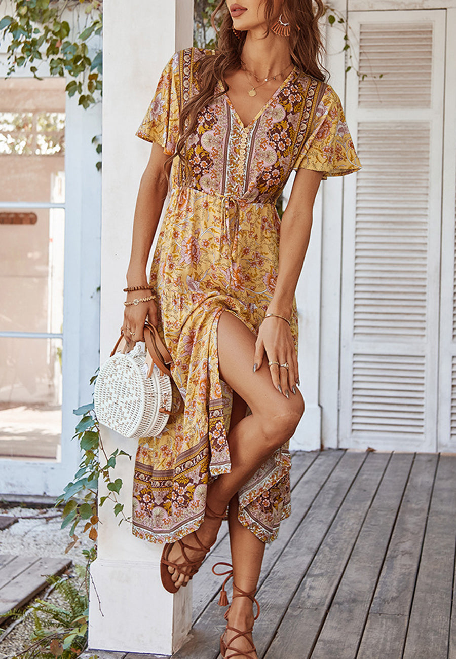 Vestido con lazo en la cintura y estampado de cachemira 