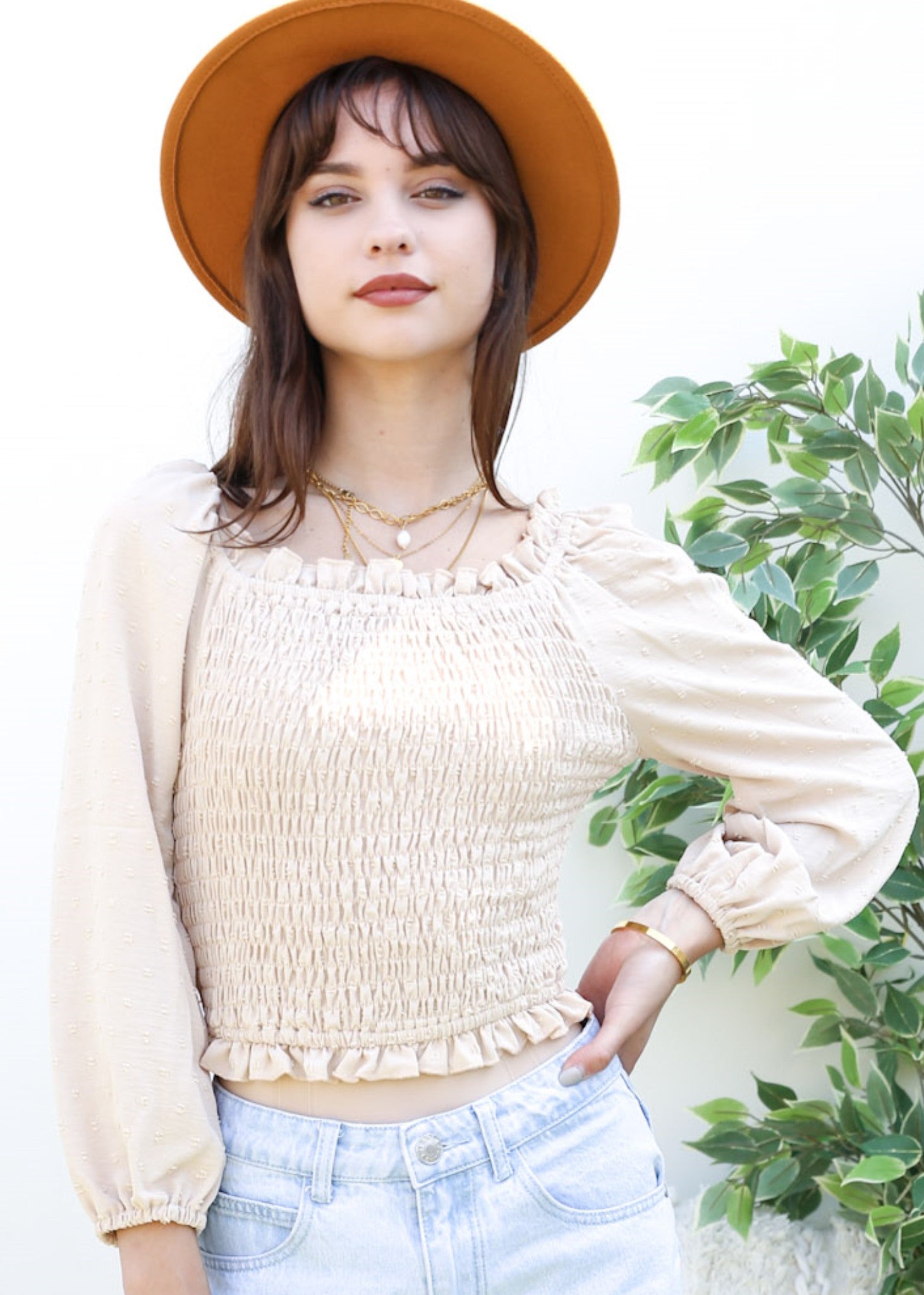 Ruffle Square Neck Shirred Blouse