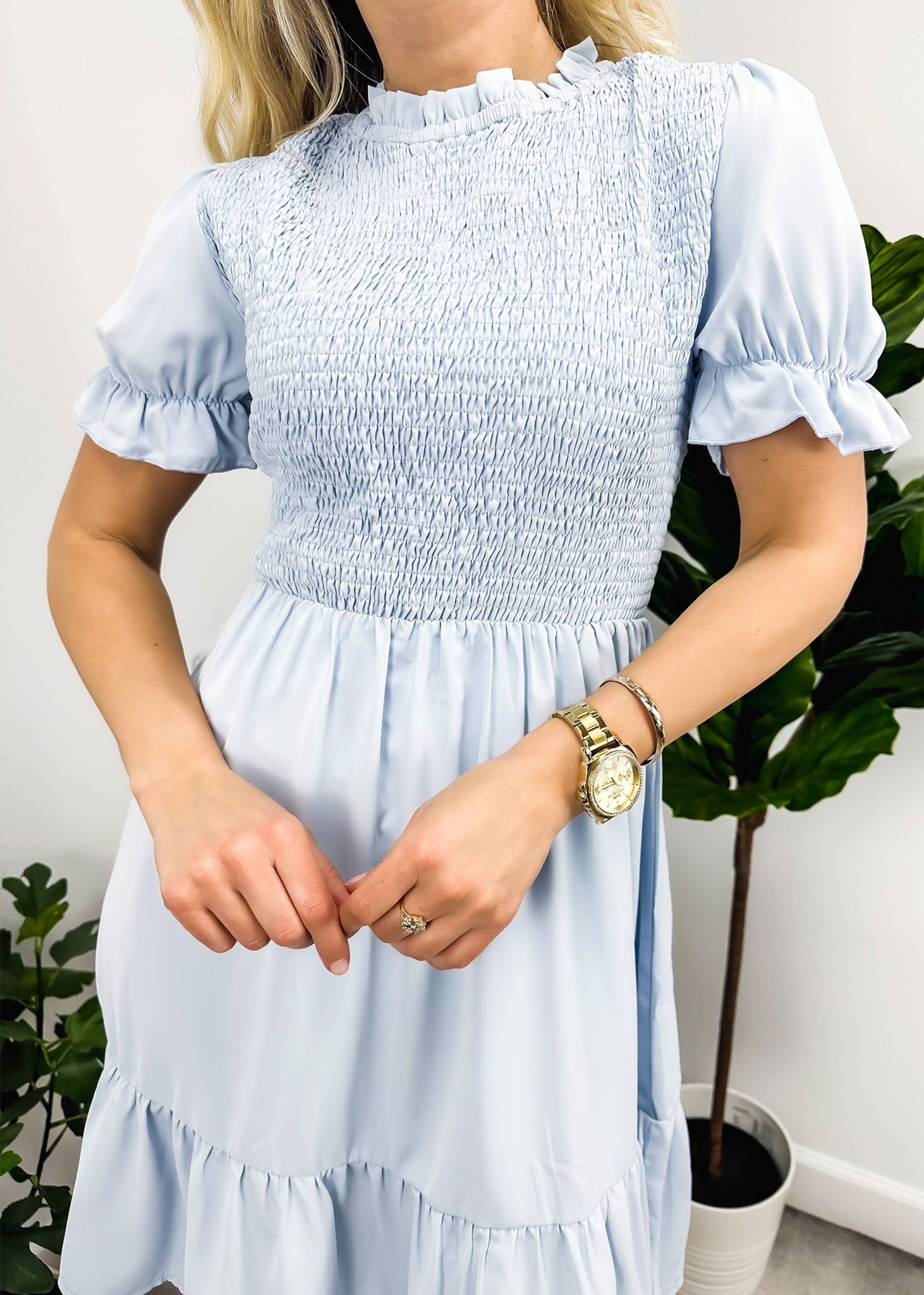 Shirred Puff Sleeve Dress