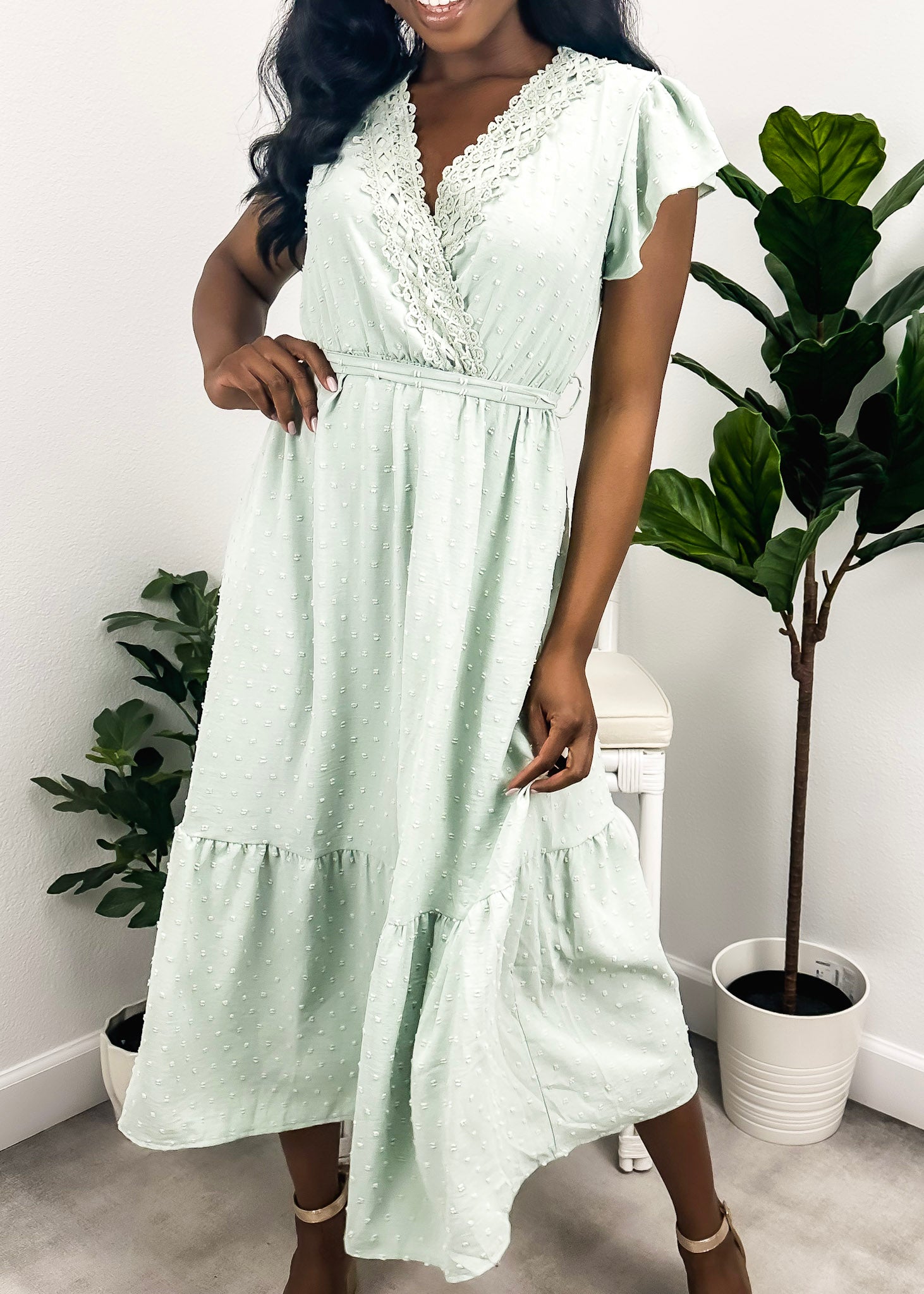 Surplice Neck Flutter Sleeve Solid Dress