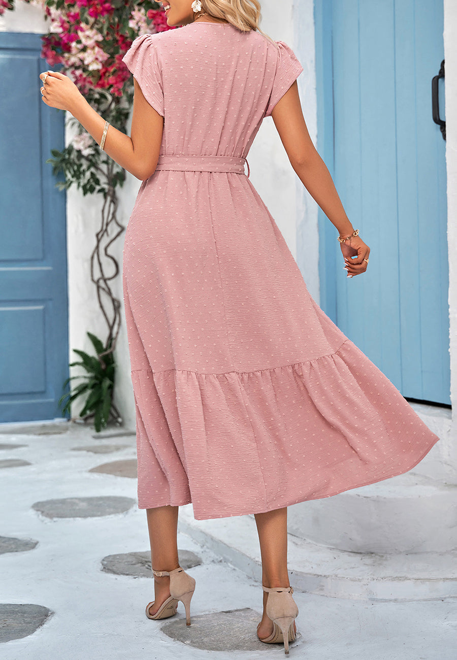 Vestido liso con escote cruzado y mangas abullonadas