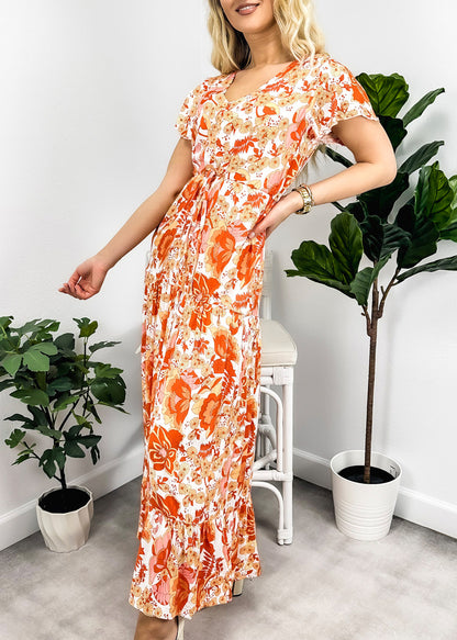 V Neck Tropical Print Maxi Dress