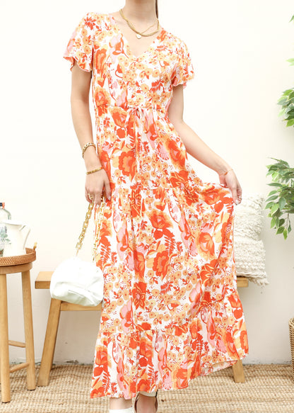 V Neck Tropical Print Maxi Dress