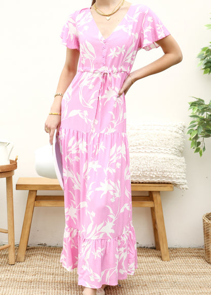 V Neck Tropical Print Maxi Dress