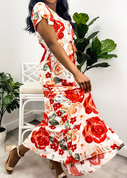 V Neck Tropical Print Maxi Dress