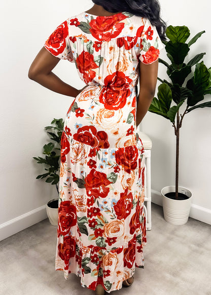 V Neck Tropical Print Maxi Dress