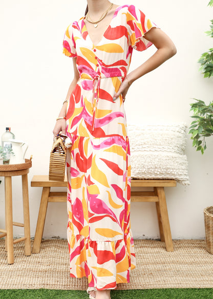 V Neck Tropical Print Maxi Dress