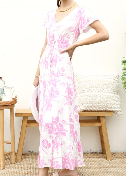 V Neck Tropical Print Maxi Dress