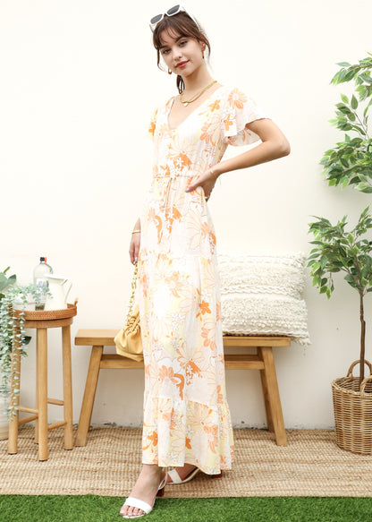 V Neck Tropical Print Maxi Dress