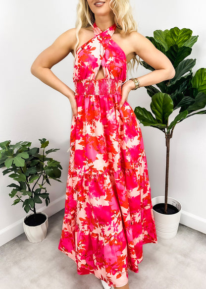Cross Neck Halter Printed Dress