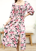 Vestido con escote cuadrado y cintura con volantes 
