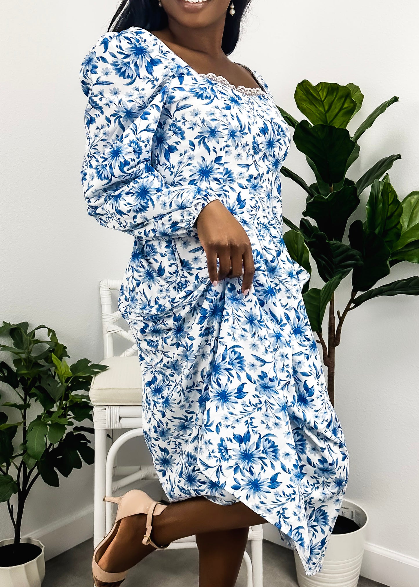 Sweetheart Lace Trim Floral Dress
