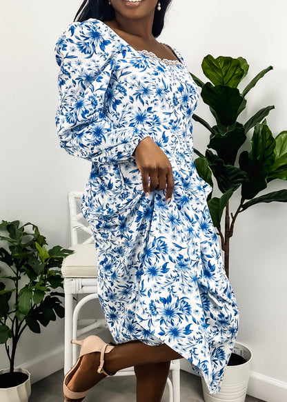 Sweetheart Lace Trim Floral Dress