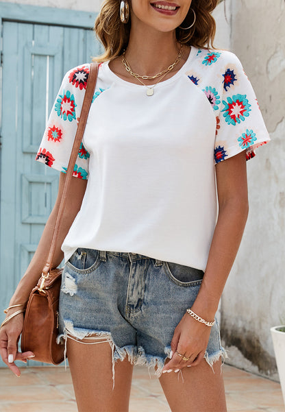 Anna-Kaci Women's Short Sleeve Pullover Shirt with Multicolor Embroidered Floral Pattern Sleeves and Relaxed Fit