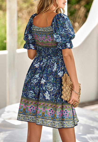 Puff Sleeve Bohemian Print Dress
