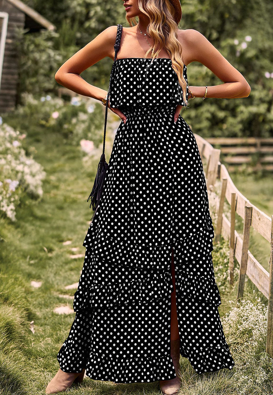 Vestido largo con volantes y lunares