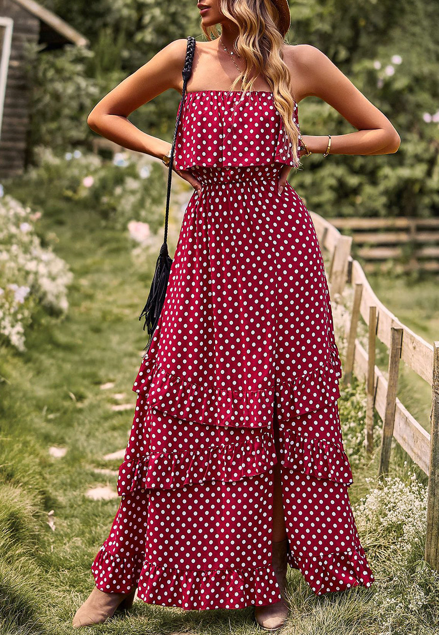 Vestido largo con volantes y lunares