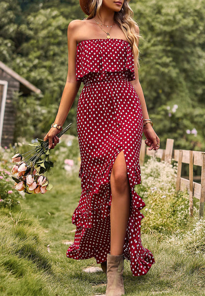 Vestido largo con volantes y lunares