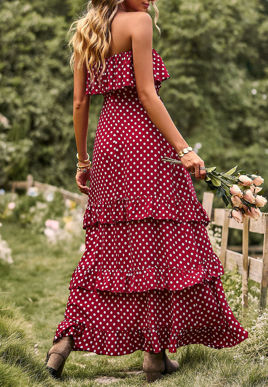 Vestido largo con volantes y lunares