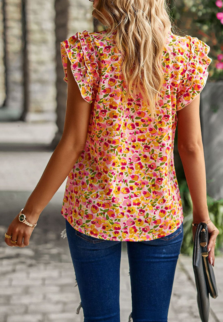 Blusa con escote en V dividido y mangas con volantes