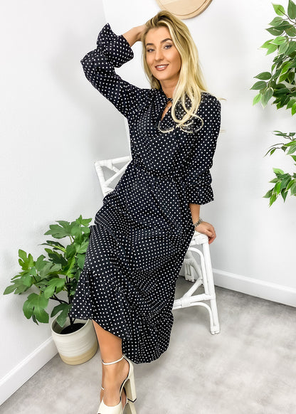 Tie Neck Polka Dot Print Dress