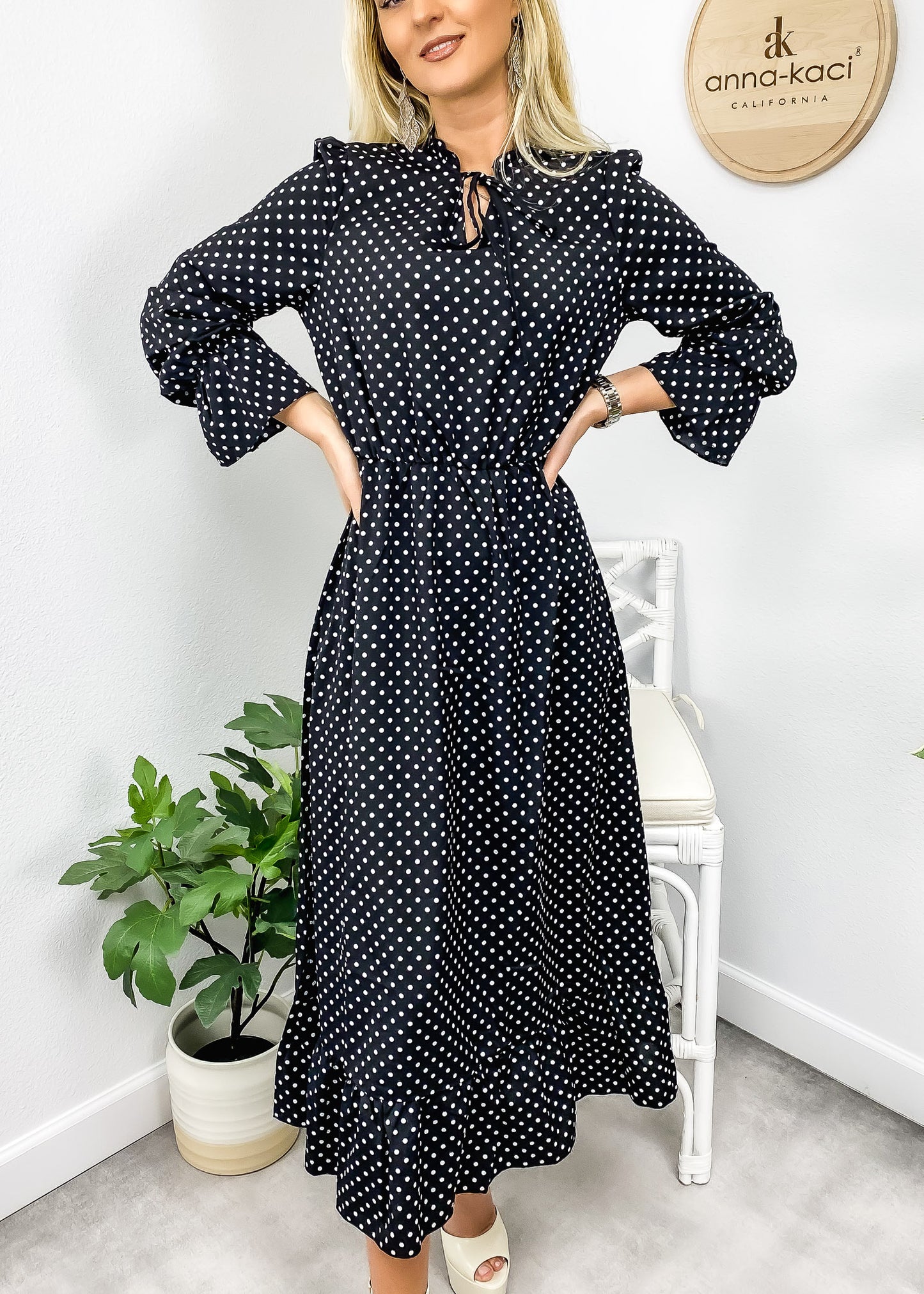 Tie Neck Polka Dot Print Dress