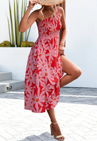 One Shoulder Floral Print Dress