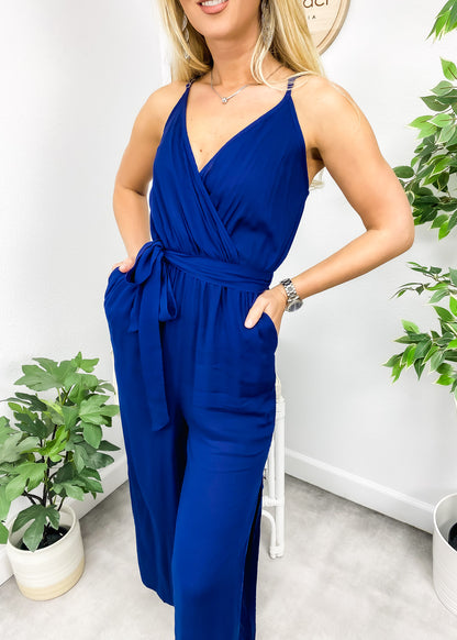 Anna-Kaci Women's Sleeveless V-Neck Wrap Jumpsuit with Adjustable Tie Waist and Wide Leg Pants