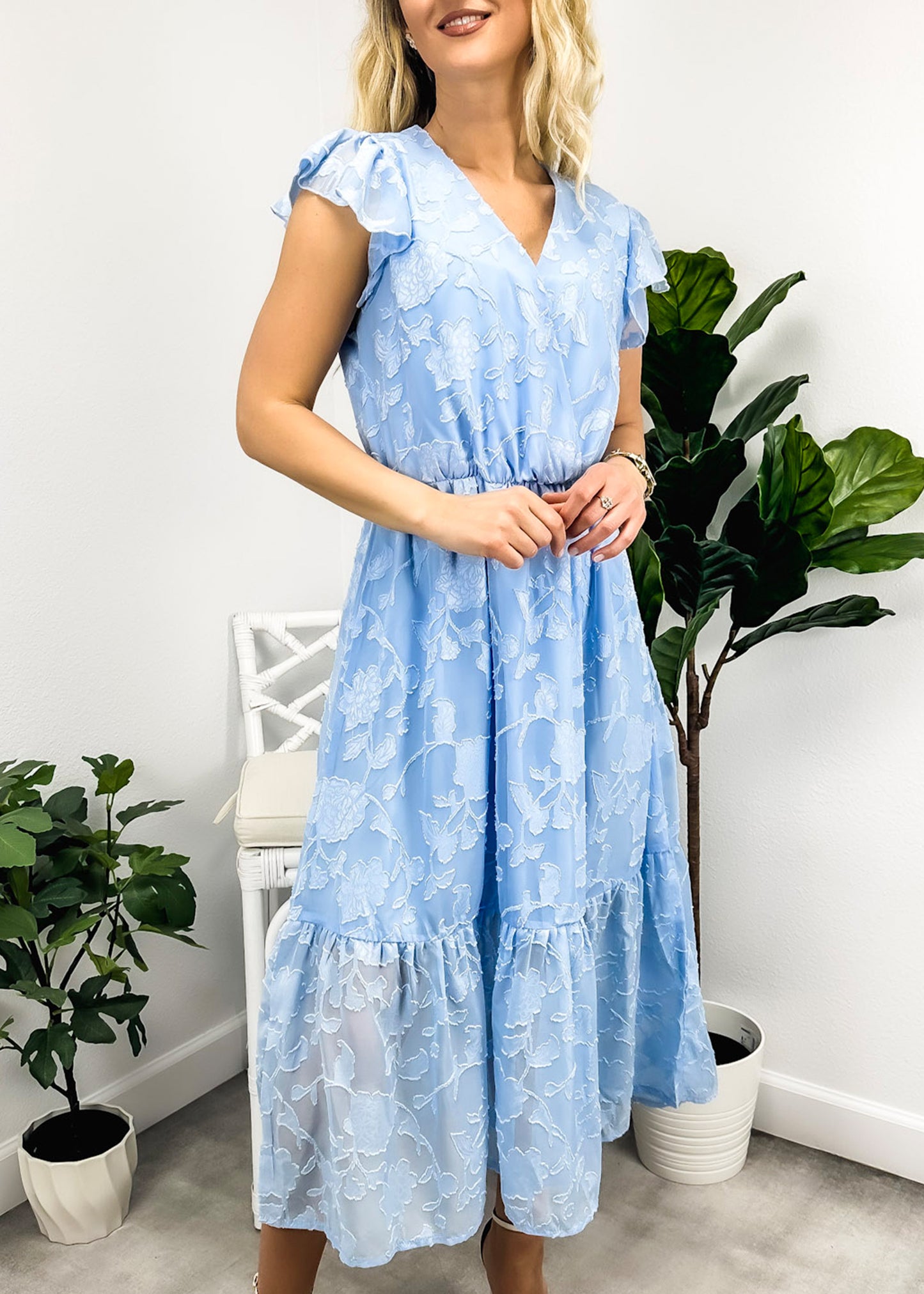 Floral Pattern Flutter Sleeve Dress