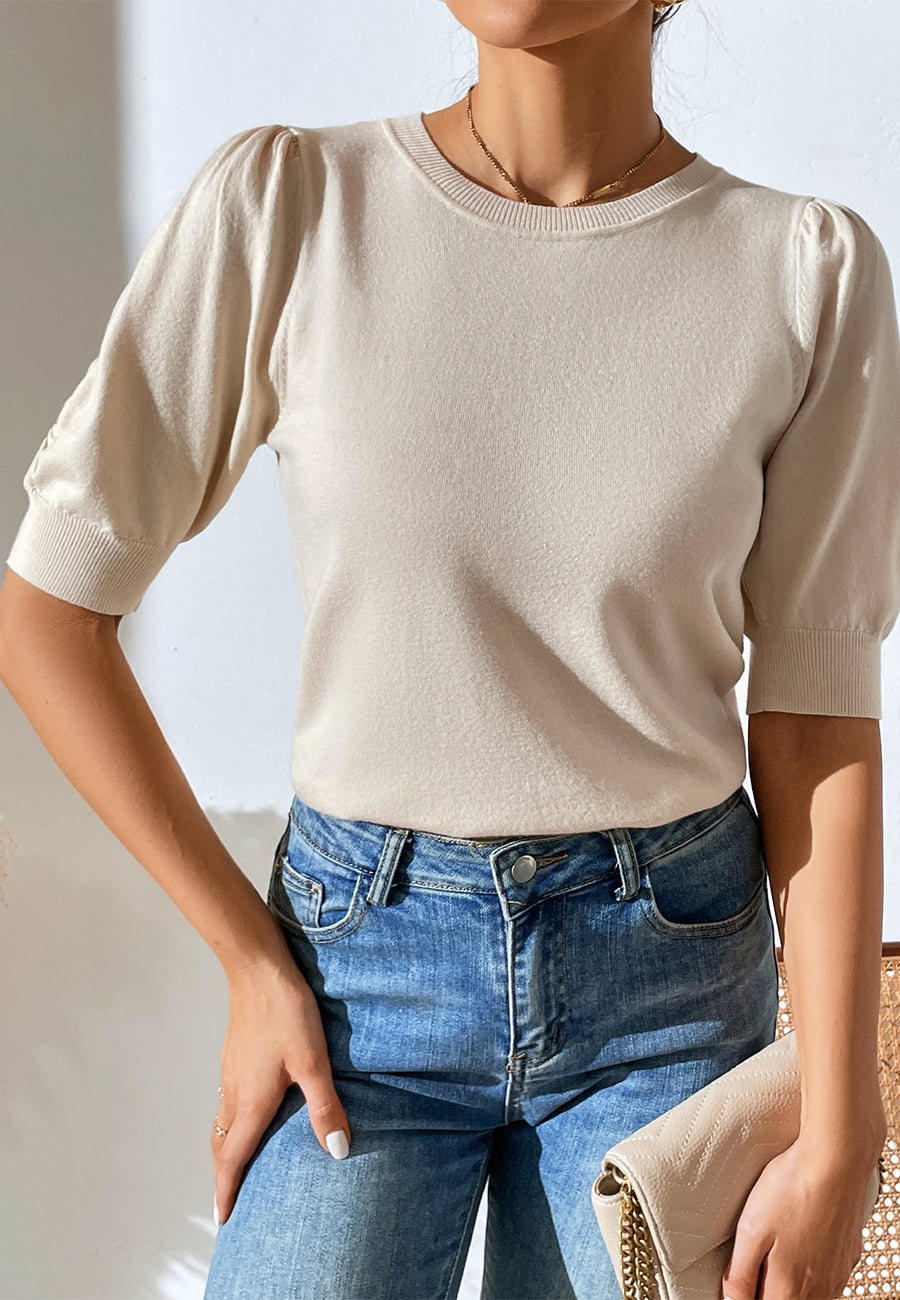 Solid Color Elbow Sleeve Sweater